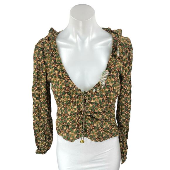 Lost + Wander Multicolor Floral Ruffle Puff Sleeve Tie Front Crop Blouse Top S - Picture 1 of 3